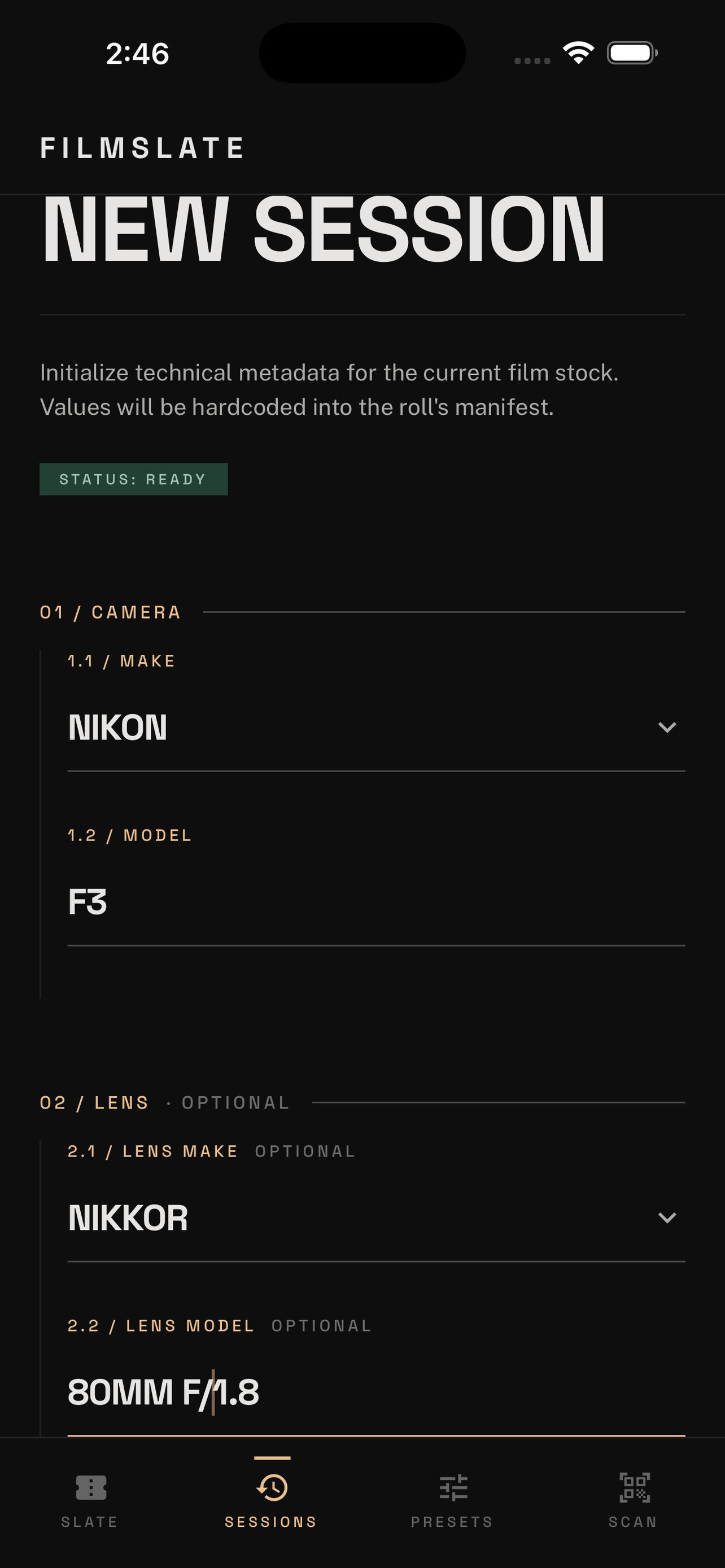 New Session screen